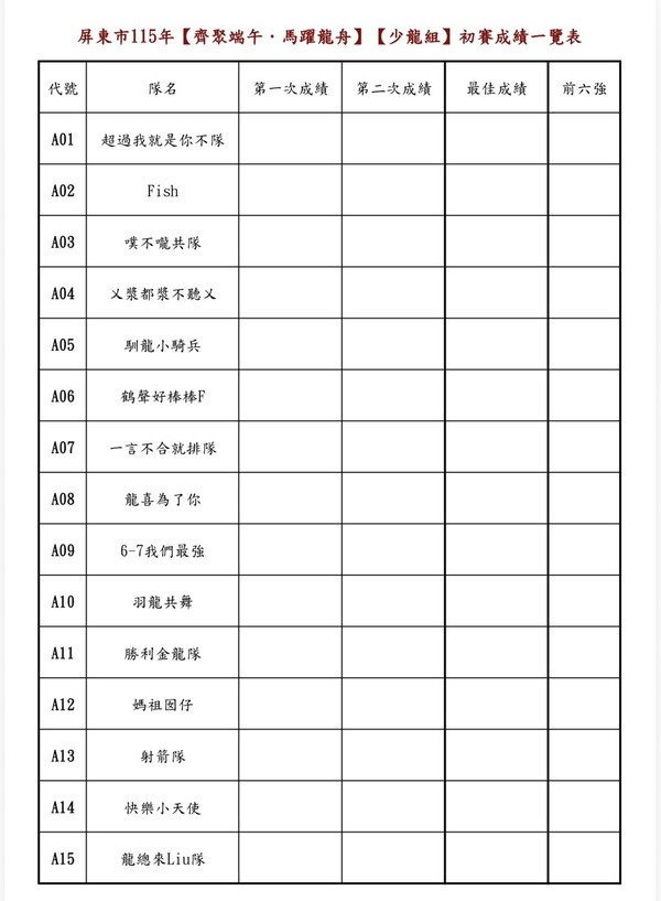 熊教練親自設計之各組別成績登記表