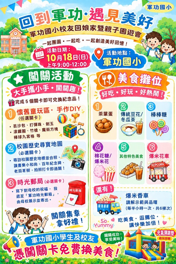 充滿歡樂與好康的假日親子活動:軍功國小自行設計之海報 充滿歡樂與好康的假日親子活動:軍功國小自行設計之海報